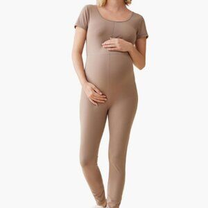 Basics Neutral Brown Beige Active Long Unitard Romper Women, Maternity size L